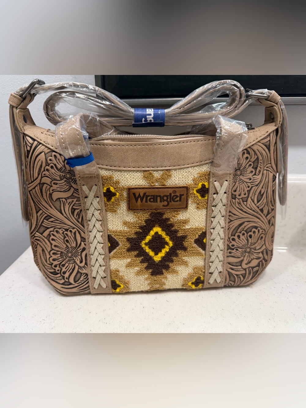 Wrangler Beige and Brown Southwestern Crossbody Bag with Yellow Accents